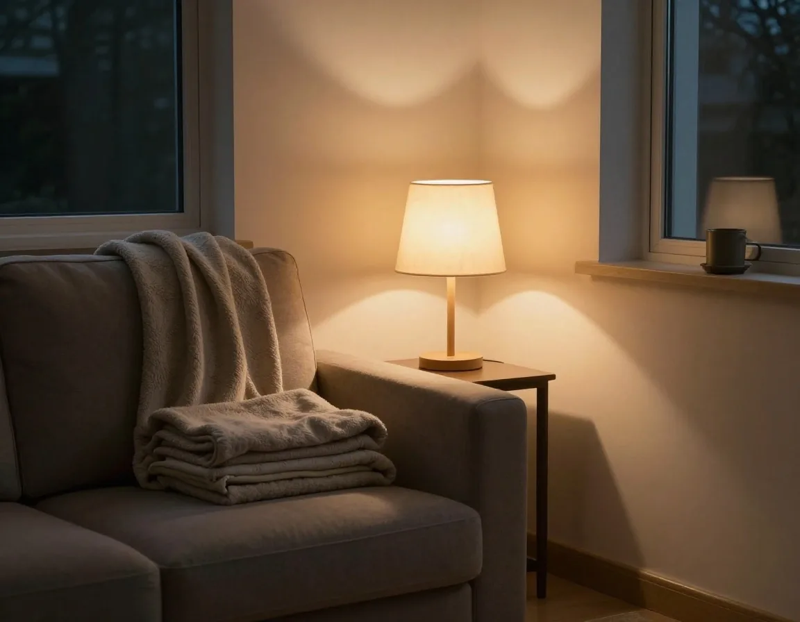 Persona ordenando gastos de la casa de noche bajo una lámpara cálida